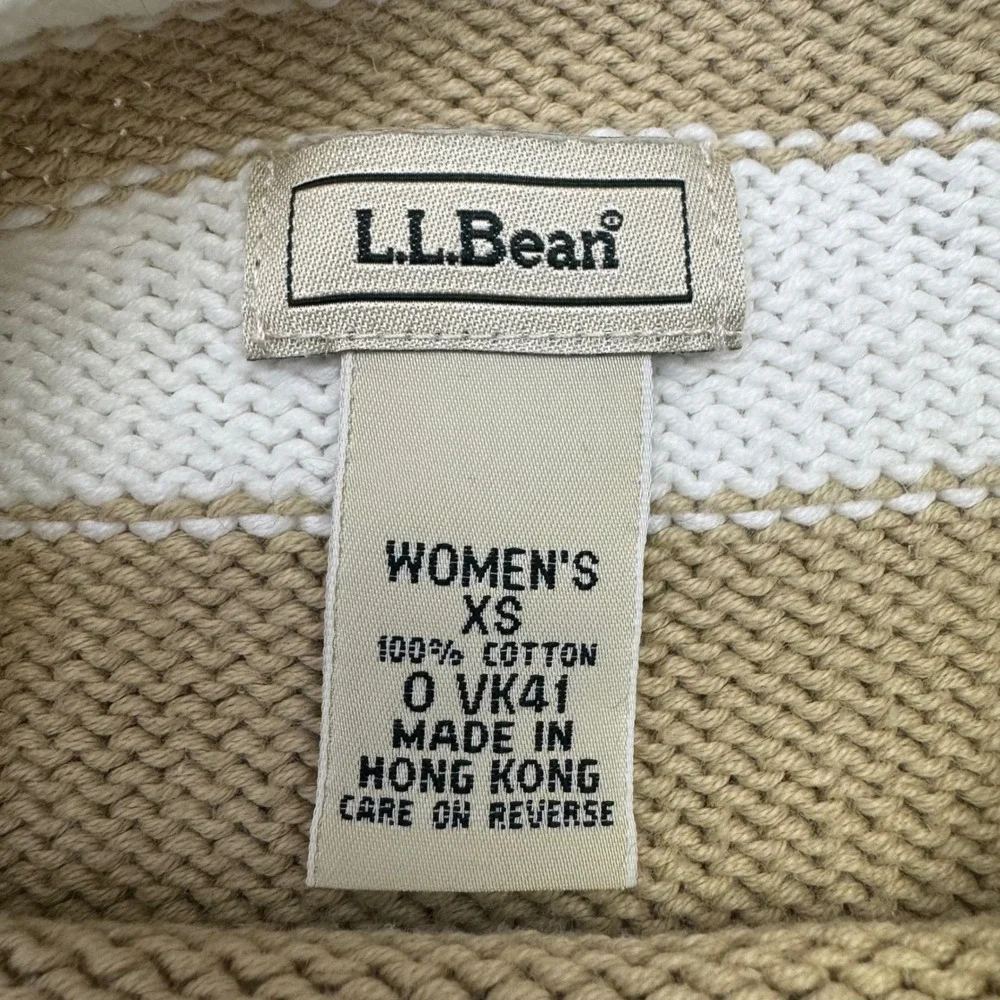 VTG LL Bean Women Roll Neck Sweater XS Tan White Striped 100% Cotton Nautical